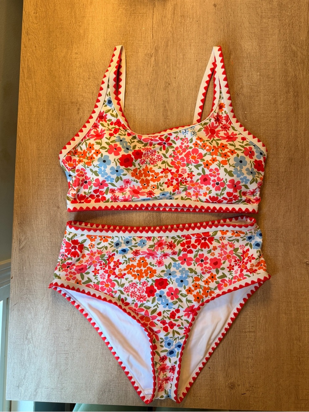 Floral Two-Piece Swim Set with Red Trim